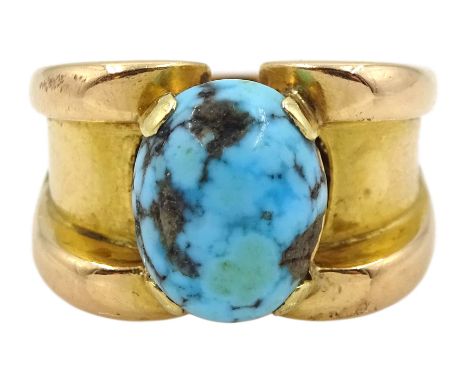 Gold single stone turquoise ring Condition Report:Approx 8.9gm, size M, tested between 9ct-12ct gold, max depth = 11.5mm