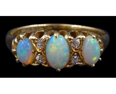 Edwardian 18ct gold opal and diamond ring, Birmingham 1908Condition Report:Approx 3.6gm, size O, two opal slightly abraded - 