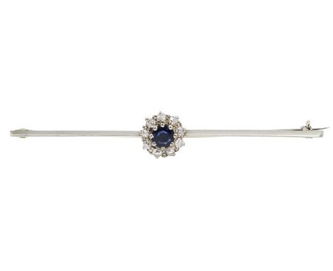 Early-mid 20th century white gold round sapphire and diamond cluster bar brooch, stamped 9ctCondition Report:Approx 3.6gm, ba