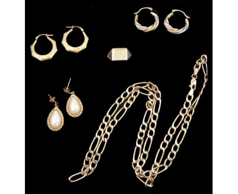 9ct gold jewellery including Figaro link necklace, signet ring, two pairs of hoop earrings and a pair of pendant earringsCond