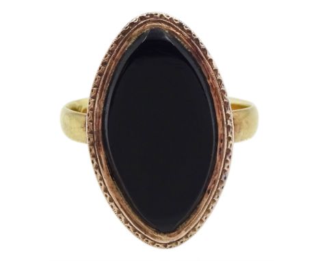 George III gold marquise shaped black onyx mourning ring, the underside panel engraved and dated 1785Condition Report:Approx 