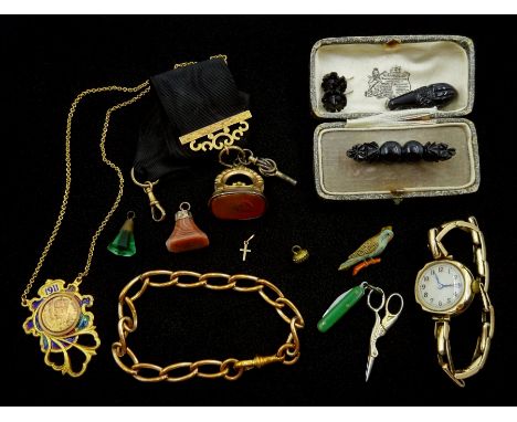 19th century and later jewellery including 9ct gold manual wind wristwatch on 9ct gold expanding strap, gilt agate seal fob o