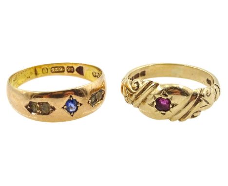 Early 20th century 15ct rose gold sapphire ring, Chester 1897 and a 9ct gold single stone ruby ring, London 1979Condition Rep