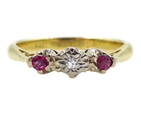 Gold three stone ruby diamond ring, stamped 18ctCondition Report:Approx 3.15gm, size L