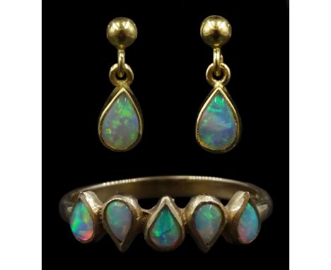 9ct gold five stone pear shaped opal ring and a similar pair of earringsCondition Report:Approx 2.95gm, ring size O