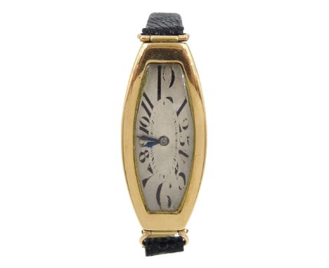 1920's Art Deco 14ct gold ladies manual wind wristwatch, the reverse engraved and datd 19'21, Swiss hallmark,on black leather