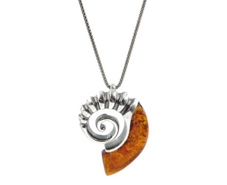 Silver Baltic amber fossil pendant necklace, stamped 925Condition Report:Chain length = 45cm, pendant length = 3.5cm, good co