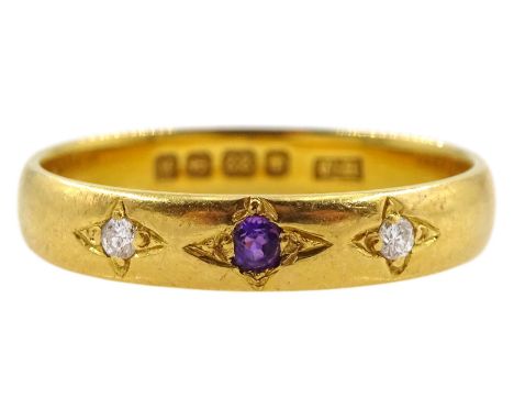 22ct gold gypsy set three stone amethyst and diamond ring, Birmingham 1925Condition Report:Approx 3.7gm, size P-Q, stones add