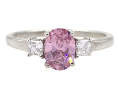 9ct white gold three stone oval pink stone and cubic zirconia ring, hallmarkedCondition Report:Approx 2.1gm, size L-M