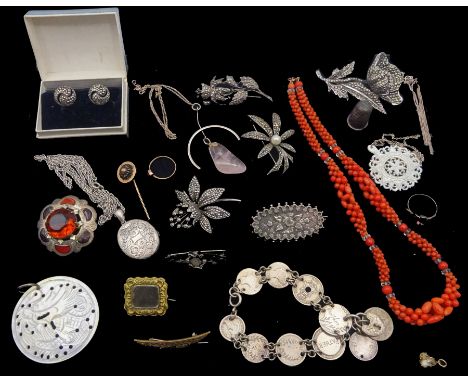 Collection of Victorian and later jewellery including three silver marcasite brooches, silver coin bracelet, coral necklace, 