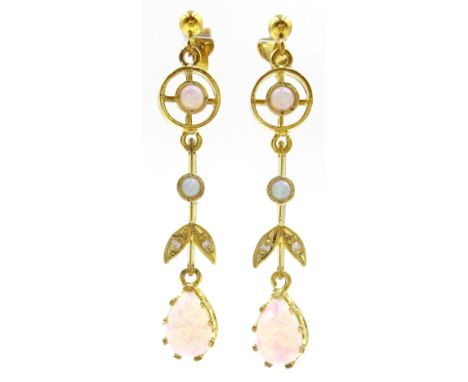 Pair of silver-gilt three stone opal pendant earrings, stamped Sil Condition Report:Length = 43mm, good condition 