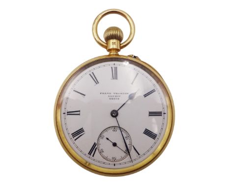 Victorian 18ct gold open face keyless pocket watch by Frank Thomson, 200 Strand, London, No. 26674, white enamel dial with Ro