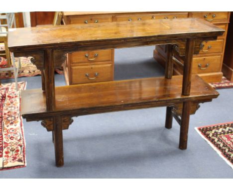 A pair of Chinese softwood bench seats, W.125cm D.33cm H.42cm Condition: Of even matching mid brown tone slightly lighter to 