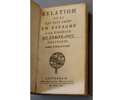 Guidi, Camillo P - Relation de ce qui s'est passe en espagne …., translated by Andre Felibien, vellum, 16mo, tear to mid page