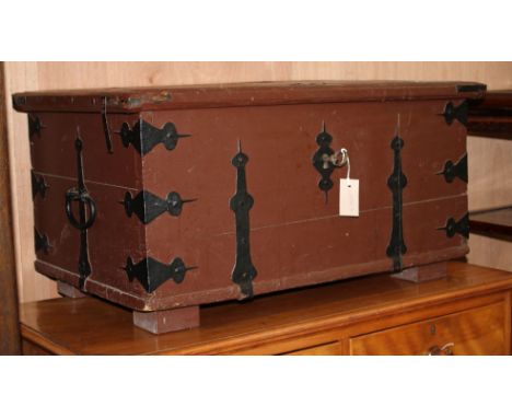 A North European painted iron bound trunk, W.83cm Condition: Some scuffing to the top along with old cracks and splits, key w
