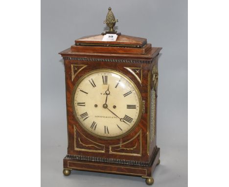 A Regency brass inset mahogany bracket clock by Turk of Sittingbourne, with painted dial and twin fusee movement, height 51cm