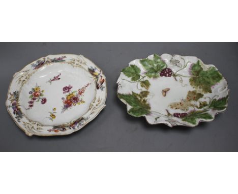 A Chelsea red anchor period vine leaf moulded dish, c.1755 and a Chelsea gold anchor bird and flower painted octagonal plate,