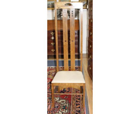 A set of six MacKintosh style oak high-backed dining chairs, W.49cm D.43cm H.151cm Condition: All six chairs of even mid to l