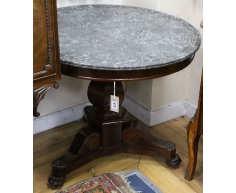 A French Empire mahogany centre table, with circular grey marble top, on hexagonal baluster stem and tripod base with lions p