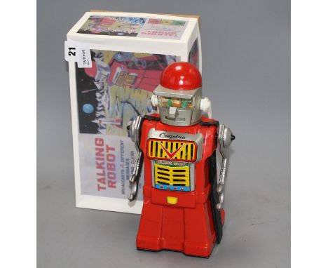 A Yonezawa (Japan) battery-operated Talking Robot (replacement box), robot 26cm Condition: some oxidisation spotting to the s