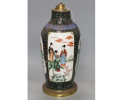 A Chinese enamelled porcelain vase, mounted as a table lamp, height overall 46cm, height of vase without mounts 40cm Conditio