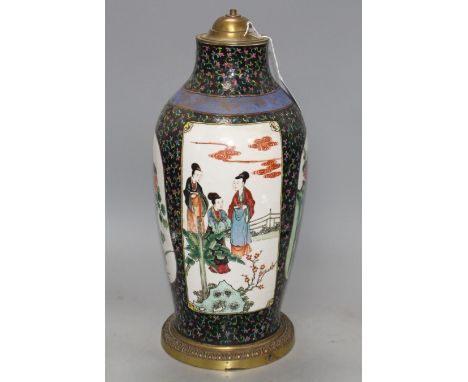 A Chinese enamelled porcelain vase, mounted as a table lamp, height overall 46cm, height of vase without mounts 40cm Conditio