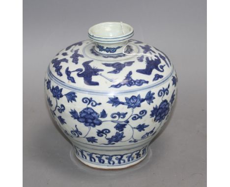 A Chinese blue and white bulbous vase, Ming, with restored rim, height 19cm Condition: Rim from where it meets the body of th