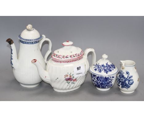 A Worcester blue and white coffee pot and cover, sugar bowl and cover and milk jug, c.1760-75 and a New Hall type teapot and 