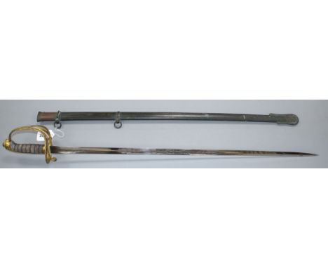 A Victorian infantry officer's sword, the polished etched blade by J.B. Johnstone, gilt hilt and brass scabbard, blade 84cm, 