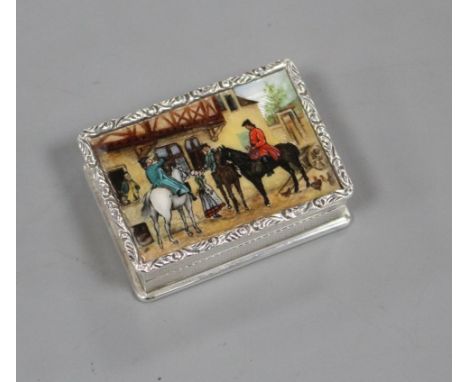 A modern silver and enamel snuff or pill box, with scene of figures and horses, S.J Rose &amp; Son, Birmingham, 1978, 47mm, g