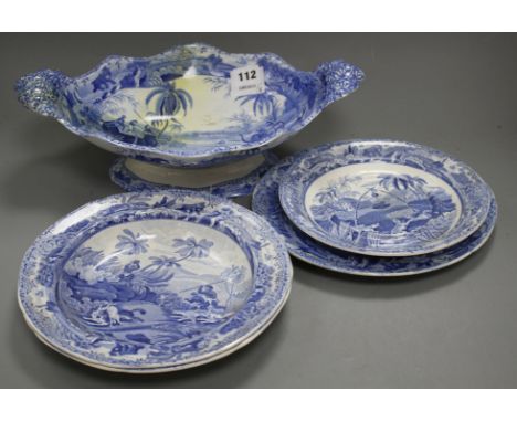 Three Spode Indian Sporting Series blue and white plates, a stand and a footed dish, c. 1815- 25, comprising two Chase After 