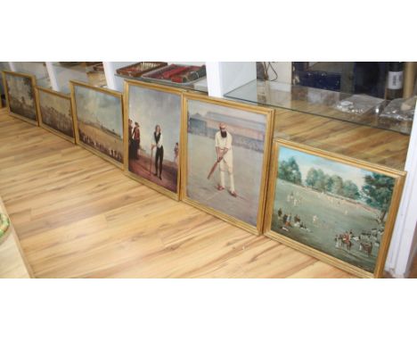 Six oileographs, all reproductions of famous early depictions of cricket, largest 51 x 74cm Condition:- Cricket match with tw