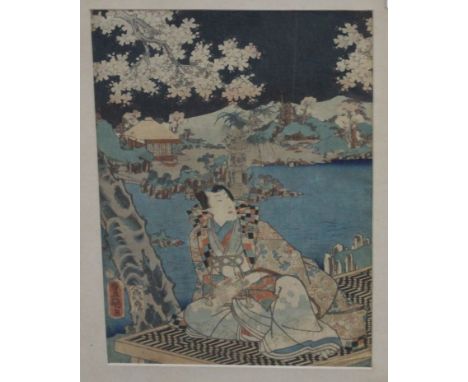 Kunisada?, a Japanese woodblock print, Samurai seated beneath blossoming trees, 34 x 24cm Condition: Possibly a little faded,