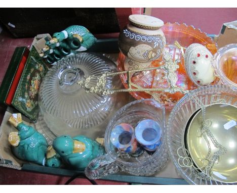 Carnival Glass, Russian dolls, brass mini easel, egg trinket box, etc:- One Box.