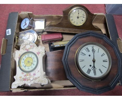 S.F &amp; Co Pottery Cased Mantle Clock, Schatz Swiza, oak and other clocks, desk calendars:- One Box.