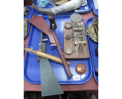 Letter Scales and Weights, dice and shaker, Treen snuff box, thermometer, two toy guns.