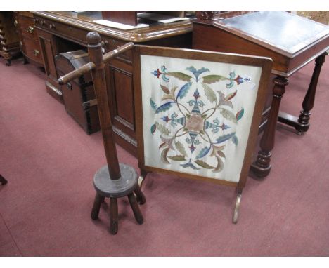 Wooden Dolly Peg, oak fire screen having needlework panel 56cm wide. (2)