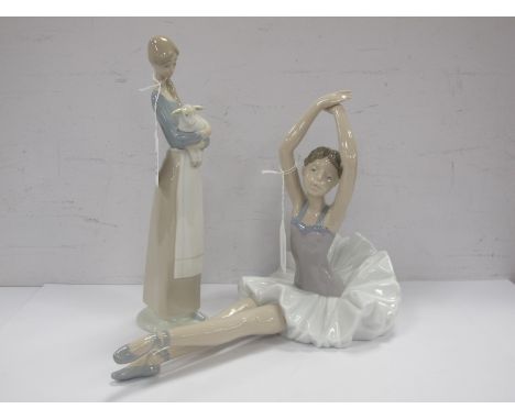 Lladro 'Lady Holding Lamb' Figurine, 26cm high. Nao seated ballerina. (2)