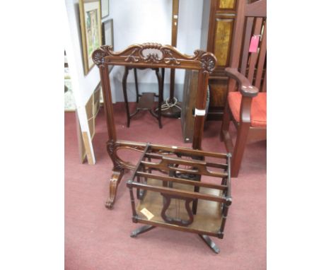 A Mahogany Canterbury, with lyre supports on four splayed legs, together with a mahogany fire screen,with scroll decoration a
