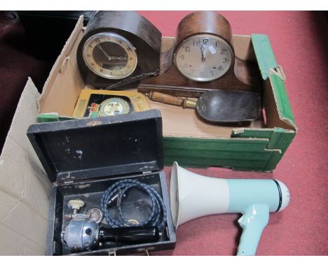 Two Mantle Clocks, megaphone, oak shield, coal scoop, etc:- One Box.