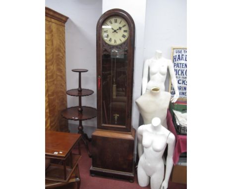 A XIX Century and Later Mahogany Longcase Clock, with a white dial, arched glass door, crossbanded base, plinth base, bun fee