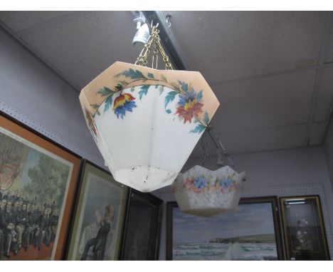 A 1920's Nine Sided Mottled Glass Ceiling Light, with floral decoration, a similar hexagonal example.