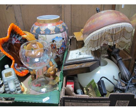 Two Boxes of Household and Decorative Items, to include elephant lamp, with glass shade, clock, Border Fine Art teapot (missi