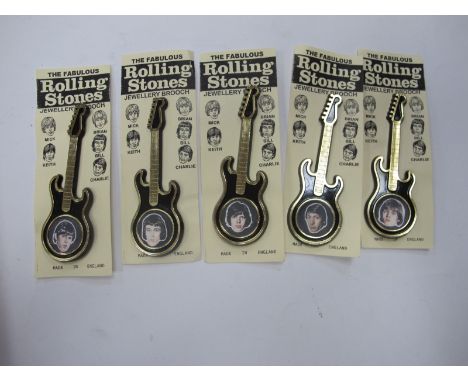 Rolling Stones Plastic Guitar Brooches, each featuring band member, on card backing. (5).