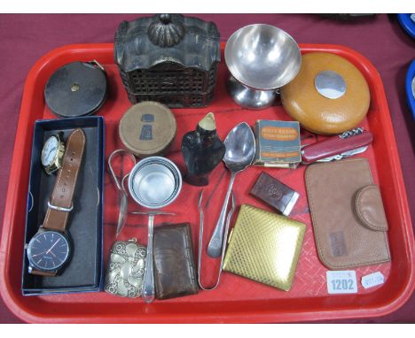 A Cast Iron Money Bank, as an early building, 11.5cm high, watches, Vesta case, circular flask, G.W.R dessert dish, 'Pullman'