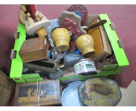 Wooden Boxes, kitchen scales, leather covered toilet set, metalware, etc:- One Box