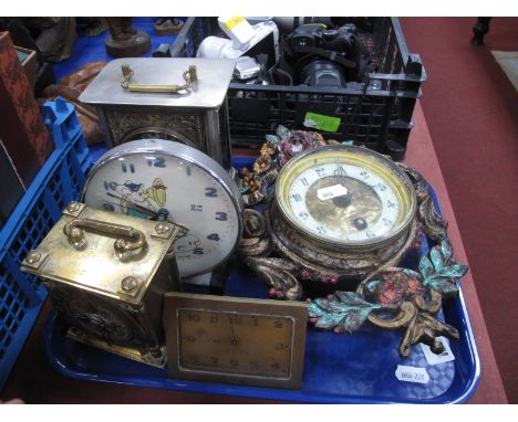 Early XX Century Painted Cast Metal Wall Clock, brass mantel clock, Hero child's alarm clock, of two mice driving a car, etc: