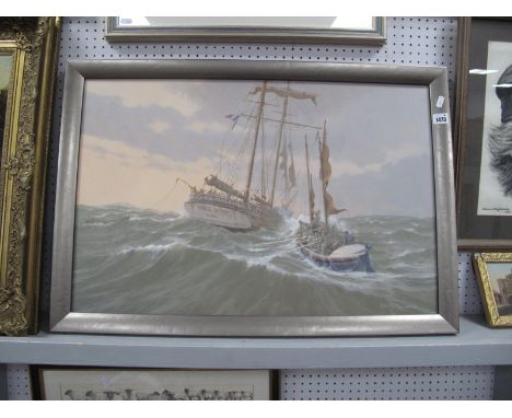 Rex Phillips Spectacular Seascape with Monte Grande, Havre Ship and Hayling Island Lifeboat in Attendance, oil on canvas, 49 