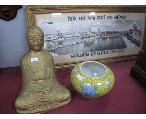 An Oriental Chinese Yellow Ceramic Bowl, decorated with butterflies and foliage, 16cm diameter, concrete Buddha, Golden Templ