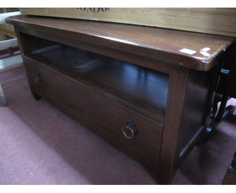 A Dark Stained Rectangular Shaped Cabinet, with an open shelf, long drawer, 110cm wide.